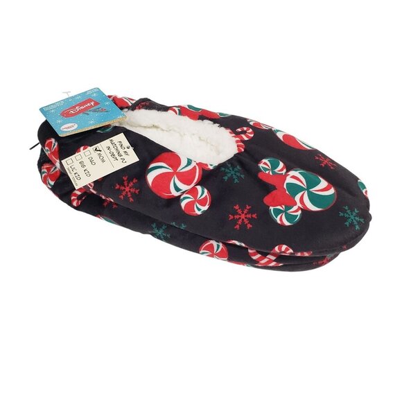 Disney Mickey Minnie Peppermint Candy Slippers Sherpa Fuzzy Nonslip Womens 4-10 - Picture 1 of 7